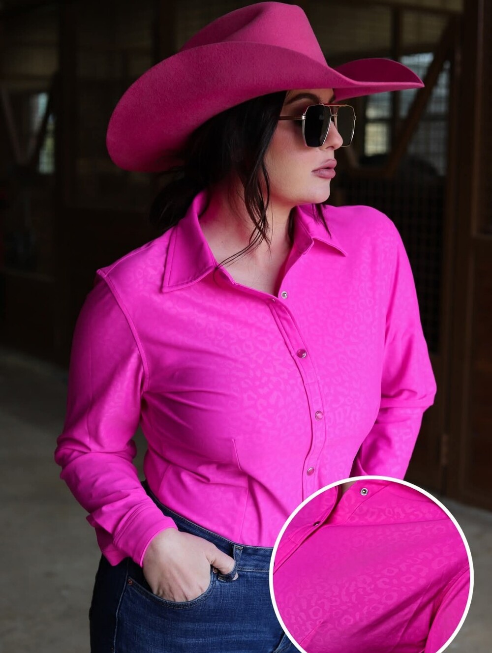 RANCH DRESS'N Fallon Taylor Fuschia Pink  Performance Rodeo Cowgirl shirt Size L